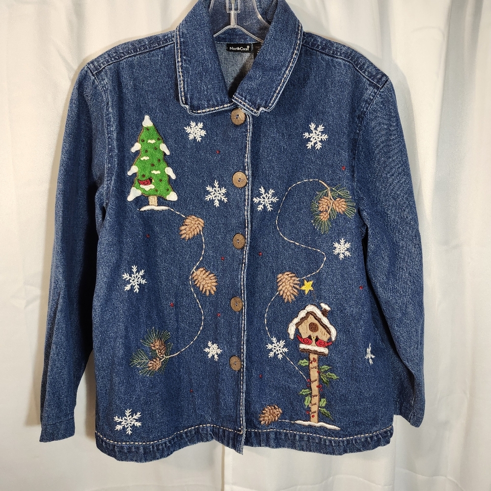 Northcrest Size Small Embroidered Denim Jacket with Festive Design